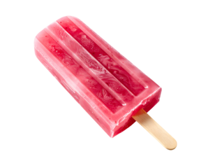 Pink popsicle ice pop on wooden stick shot at an angle with frosty surface and subtle swirl, refreshing frozen treat on isolated background