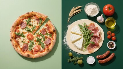 Pizza and raw ingredients for making pizza