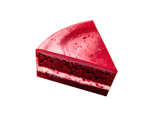 Red velvet cake slice with cream cheese layers and glossy red glaze, rich festive dessert, on isolated background