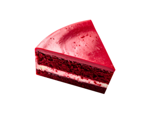 Red velvet cake slice with cream cheese layers and glossy red glaze, rich festive dessert, on isolated background