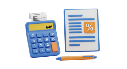 3D Calculator, Document, and Pen on Black Background