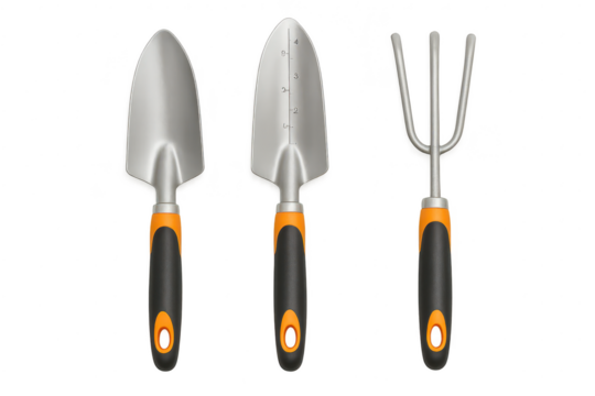 Three gardening tools isolated on transparent background, hand trowel set, clear