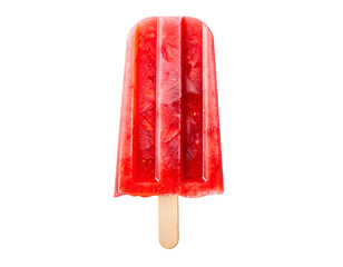 Strawberry popsicle ice pop on wooden stick with visible fruit pieces, bright red frozen treat on isolated background