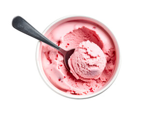 Top view pink ice cream in a white bowl with metal spoon and single round scoop, creamy strawberry dessert for summer treats on isolated background