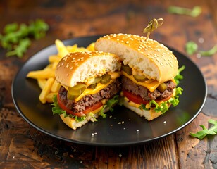 Burger with fries on dark plate