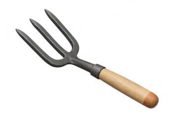 Isolated garden fork with wooden handle on transparent background, cut out tool