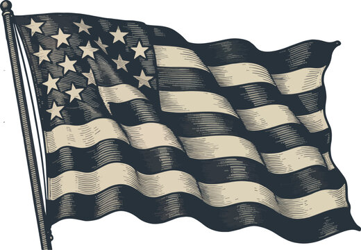 Waving american flag illustration with vintage engraving style evoking patriotism and national pride for use in historical contexts and independence day designs - Powered by Adobe