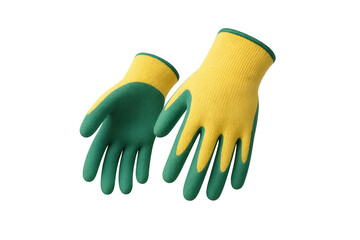 Pair of yellow and green gardening gloves isolated on transparent backdrop.