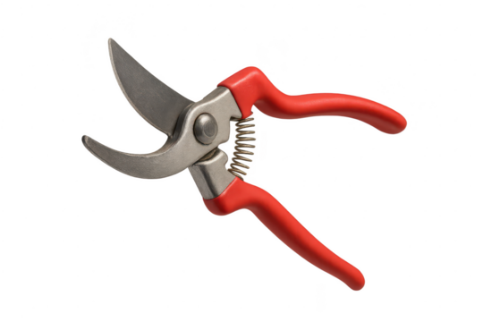 Red handled garden shears isolated on transparent background, cut out, close up