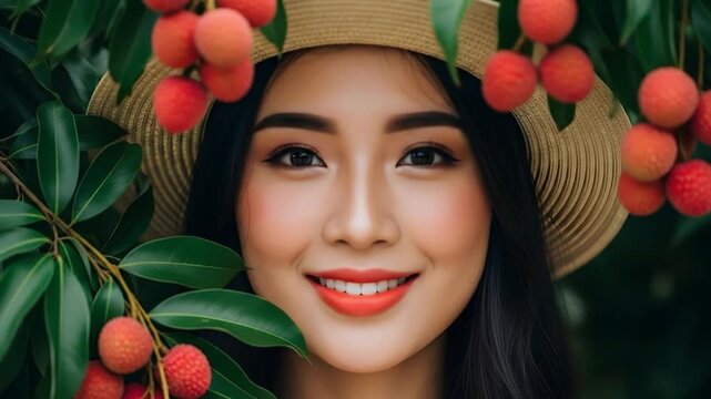 Smiling asian woman framed by fresh lychee fruit