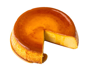 Whole caramel flan custard dessert with glossy top and a single slice removed, syrup pooling, on isolated background