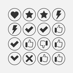 Set of round icons with heart star lightning checkmark thumb up thumb dow