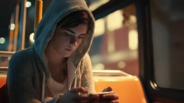Hooded person on a bus at night, focused on a glowing smartphone.