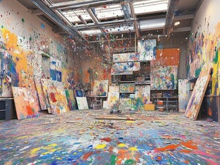 Naklejka premium Colorful paint splatter studio art messy abstract canvas background