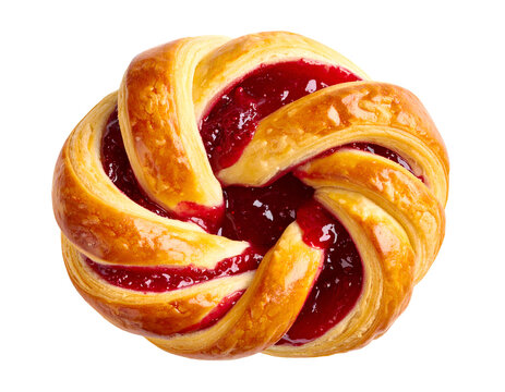 Golden braided Danish pastry with glossy berry jam center, laminated flaky layers and sugar crystals, top view on isolated background