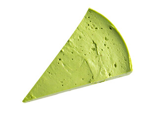 Matcha green tea cheesecake slice with smooth creamy texture, minimal triangle piece, on isolated background