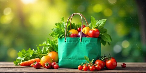 A vibrant green reusable shopping bag overflowing with fresh, ripe produce, showcasing a healthy and sustainable lifestyle choice