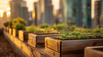 Rooftop Garden with Wooden Planters and City Buildings