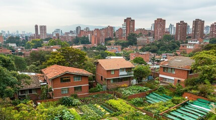 Fototapeta premium Urban landscape with lush gardens and residential buildings