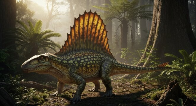 Dimetrodon in Lush Permian Forest with Sunlit Sail and Prehistoric Vegetation
