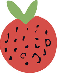 red strawberry with black seeds and two green leaves on top.