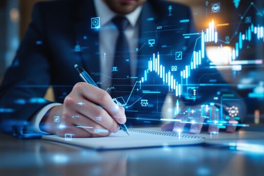 Businessman writing in notebook with futuristic digital financial graphs and stock market data overlay concept on blurred office background. Ai generative