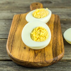 Two halved hard-boiled eggs