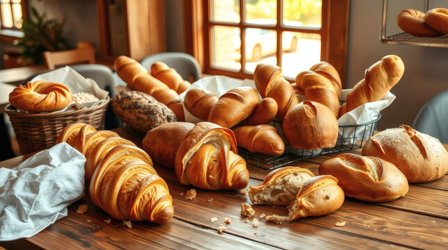 Freshly Baked Artisan Bread A Delicious Display of Croissants, Baguettes, and Rolls on a Wooden Table