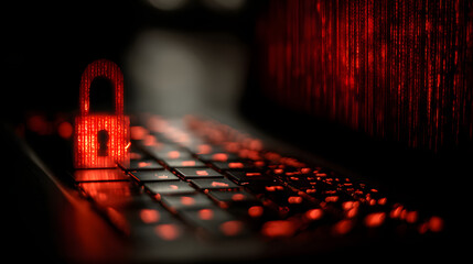 data security breach digital system hacked internet cyber attack alert with red padlock virtual display over a laptop