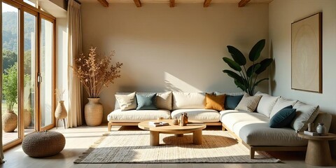 Serene Living Room with Natural Light and Modern Minimalist Design Featuring a Comfortable Sectional Sofa and Stylish Woven Accents