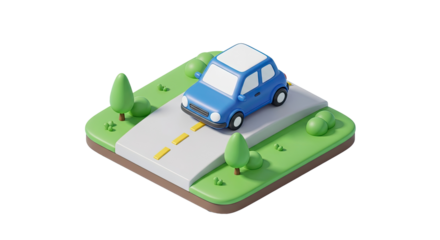 A blue toy car on a road with green grass and trees.
