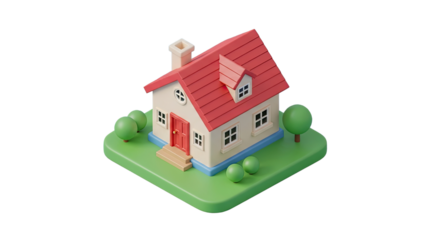 A cute, cartoonish house with a red roof and green lawn, surrounded by trees and bushes.