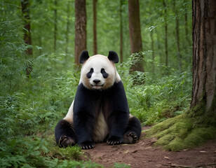 Obraz premium Giant Panda Sitting in Forest. Cute Panda in Natural Habitat. Wild Panda Resting on Mossy Ground. Endangered Panda in Bamboo Forest. Adorable Panda Sitting Peacefully in Woods