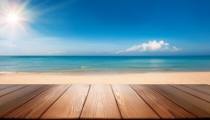 Tropical Fine Sandy Beach With Blured Sea Sun Sky Clouds Background With Wooden Table Top And Empty Space For Product Advertisement Montage Of Summer Relaxation Background