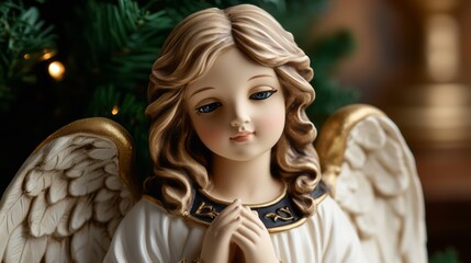 Fototapeta premium Serene Angel Figurine with Golden Details Praying Amidst a Christmas Decoration Background