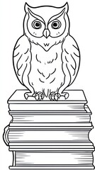 Fototapeta premium Educational coloring pages: A monochrome image depicts a wise owl perched atop a stack of books, symbolizing knowledge and intelligence. 
