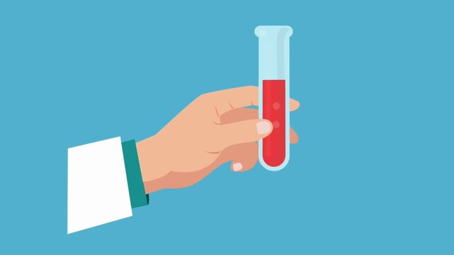 Cartoon animation of a hand holding a test tube filled with red liquid, ideal for blood test, laboratory research, science, or medical experiment projects.