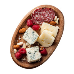 Top View of an Oval Wooden Cheese Board with Pieces
