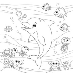 Fototapeta premium Ocean animal coloring page. Adorable underwater scene illustration. A happy dolphin swimming with fish, turtles, and jellyfish. Fun printable sheet for kids.