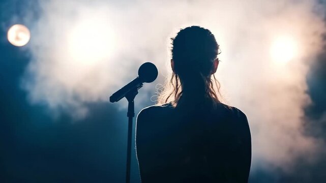 Female rock vocalist singing into microphone on smoky stage with backlight. Dynamic concert scene suitable for promotion, events, and music visuals.