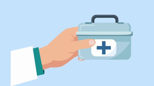 Cartoon animation of a hand holding a first aid kit with a cross symbol, ideal for healthcare, emergency, medical safety, or hospital-related projects