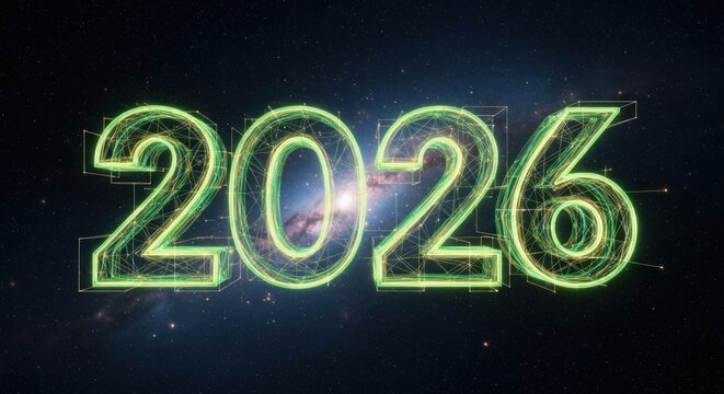 Futuristic 2026 Glowing Neon Green Wireframe Numbers in Deep Cosmic Space with Starfield and Nebula - Powered by Adobe