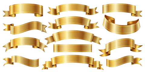 Collection of Golden Ribbon Banners for Design Elements and Decorations on transparent background collection golden ribbon