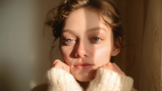 Person in a cream chunky-knit sweater with hands cupped to their cheeks, a soft smile in warm window light.
