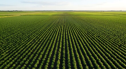 Vast green agricultural field with perfectly aligned rows of crops stretching towards the horizon under a clear sky