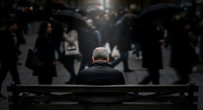 Contemplative man sitting alone on park bench amidst bustling city crowd, a moment of solitude, capturing urban life's complexities and isolation