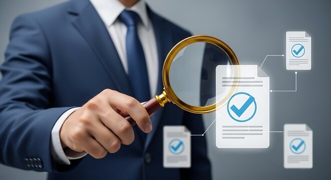 Professional auditor carefully inspecting digital documents for compliance with magnifying glass, ensuring accuracy and quality control in business process audit