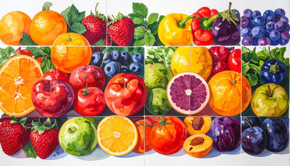 Vibrant watercolor arrangement of colorful fruits and vegetables oranges strawberries