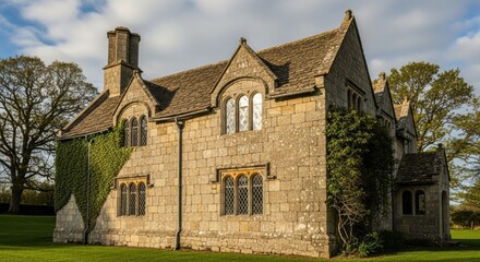 Fototapeta premium Historic Stone Manor House with Ivy Clad Walls and Diamond Paned Windows