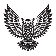 Obraz premium Tribal Owl with Spread Wings – Black and White Geometric Vector Illustration